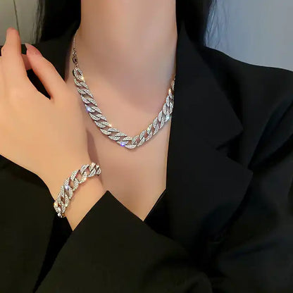 Chunky Cuban Link Chain Crystal Necklace & Bracelet