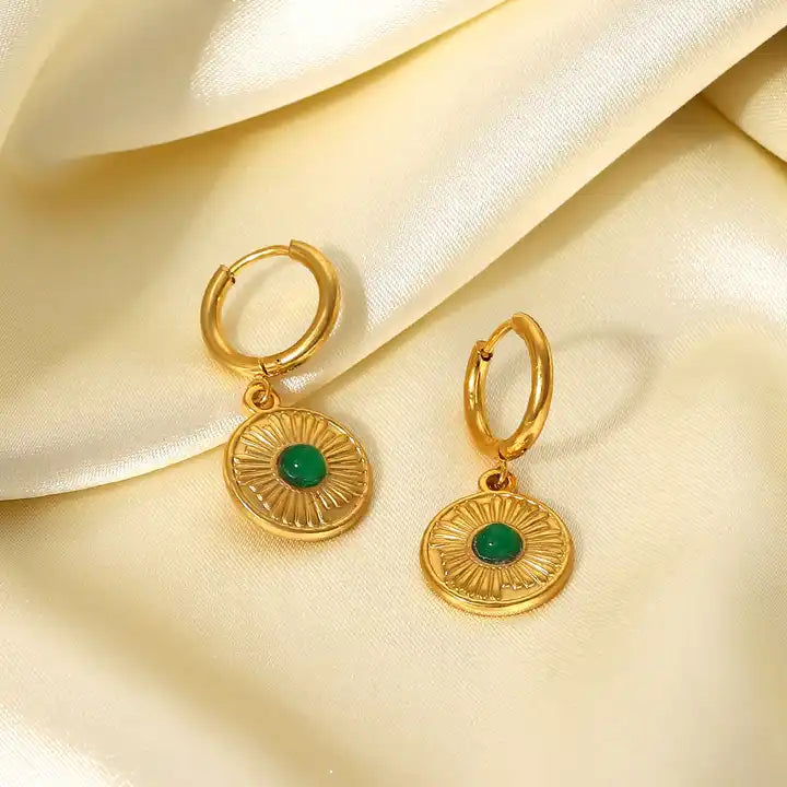 Inlaid Green Gemstone Coin Earrings