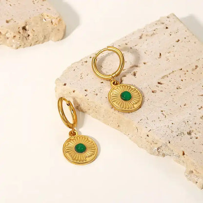 Inlaid Green Gemstone Coin Earrings